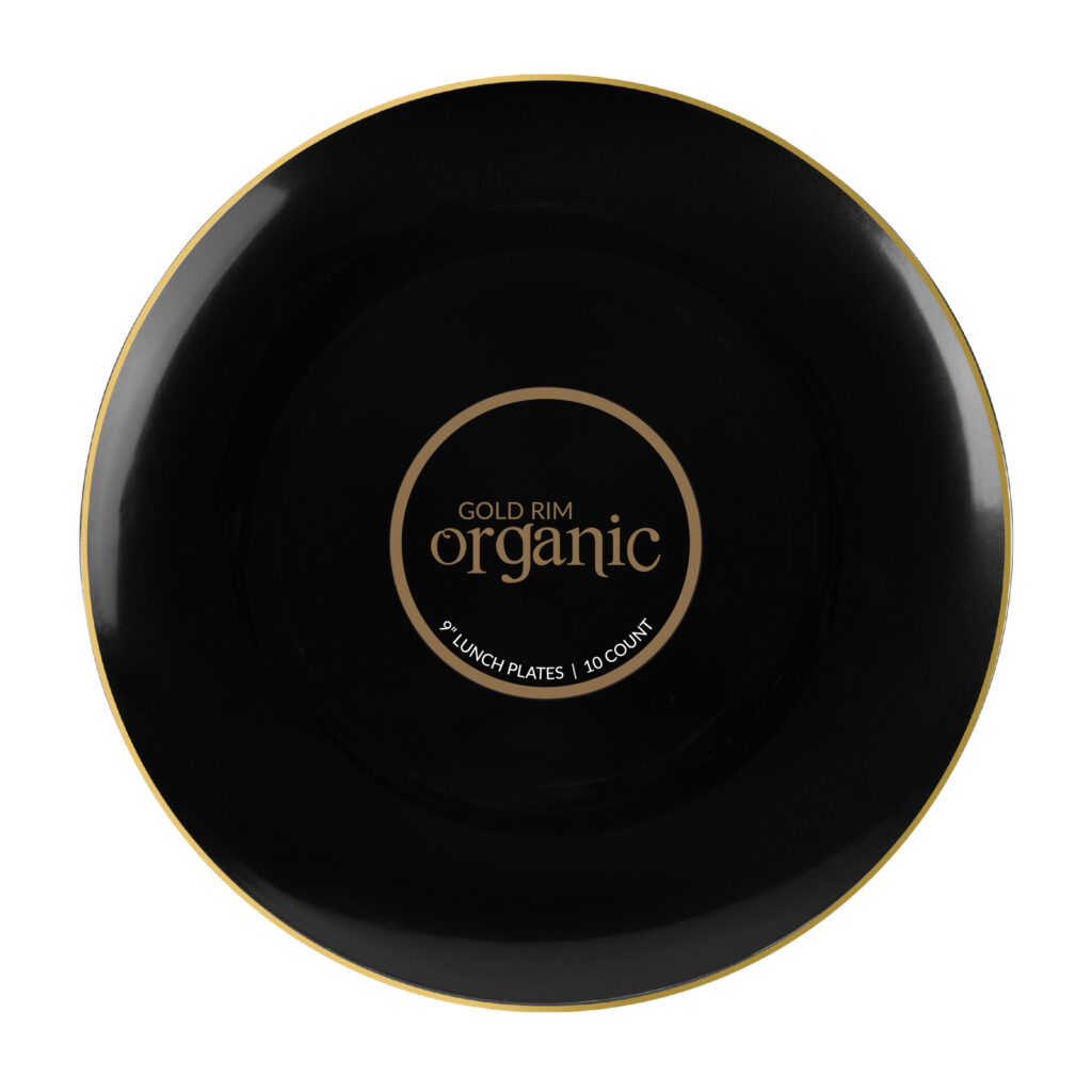 Organic 9" Black/Gold Rim Plates (10 Count)