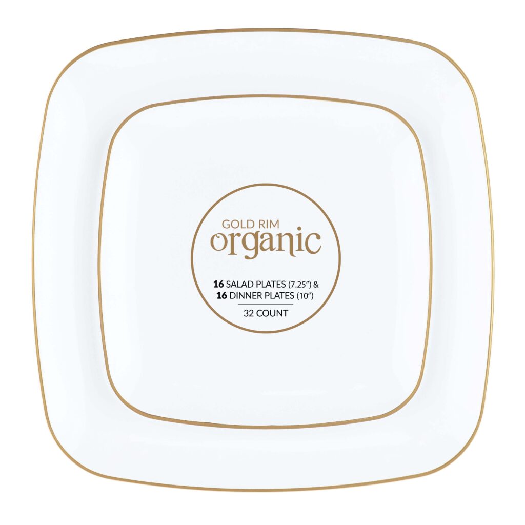 Organic Square Plates White/Gold Rim Combo 7.25" & 10" (32 Count)