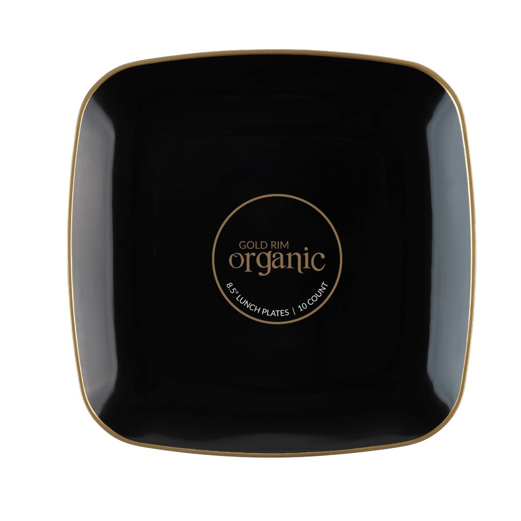 Organic Square Plates Black/Gold Rim 8.5" (10 Count)