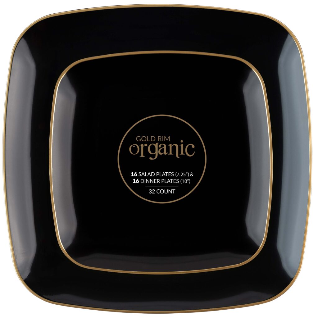 Organic Square Plates Black/Gold Rim Combo 7.25" & 10" (32 Count)