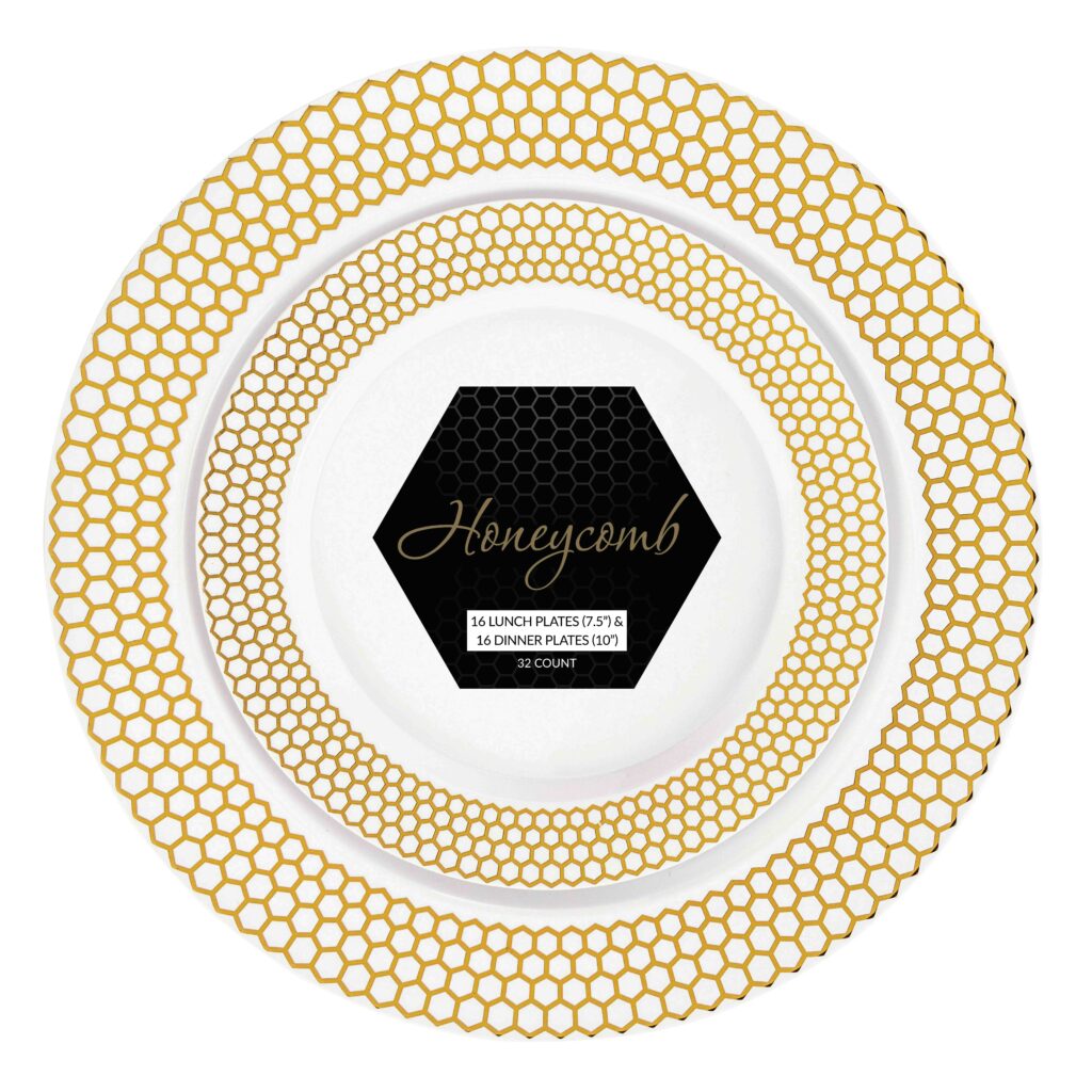 Honeycomb 7.5" & 10" Combo Plates White/Gold (32 Count)