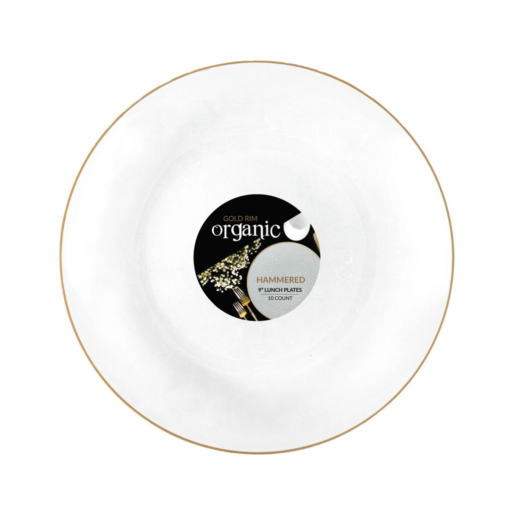 Organic Hammered White Transparent Gold Rim 9" Plates (10 Count)