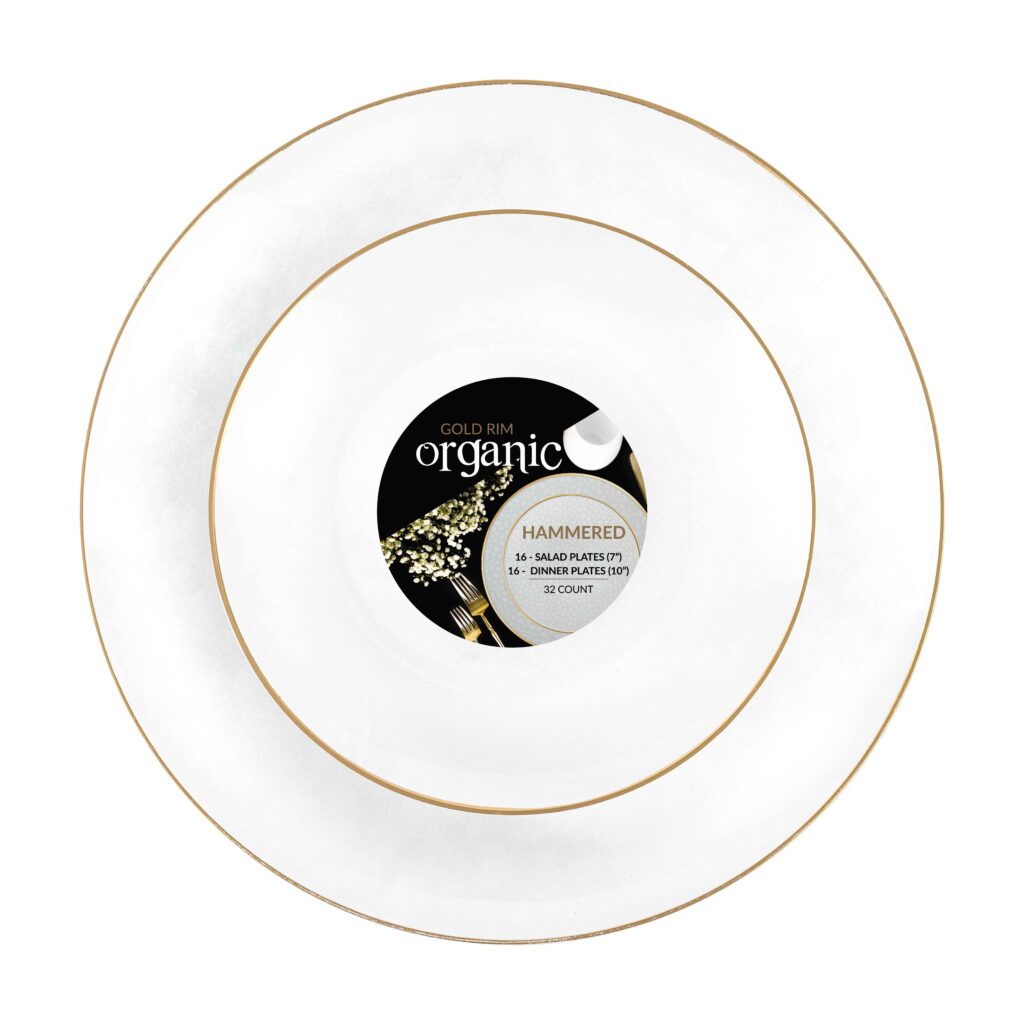 Organic Hammered White Transparent Gold Rim Combo 7" & 10" Plates (32 Count)
