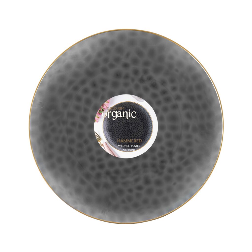Organic Hammered Black Transparent Gold Rim 9" Plates (10 Count)