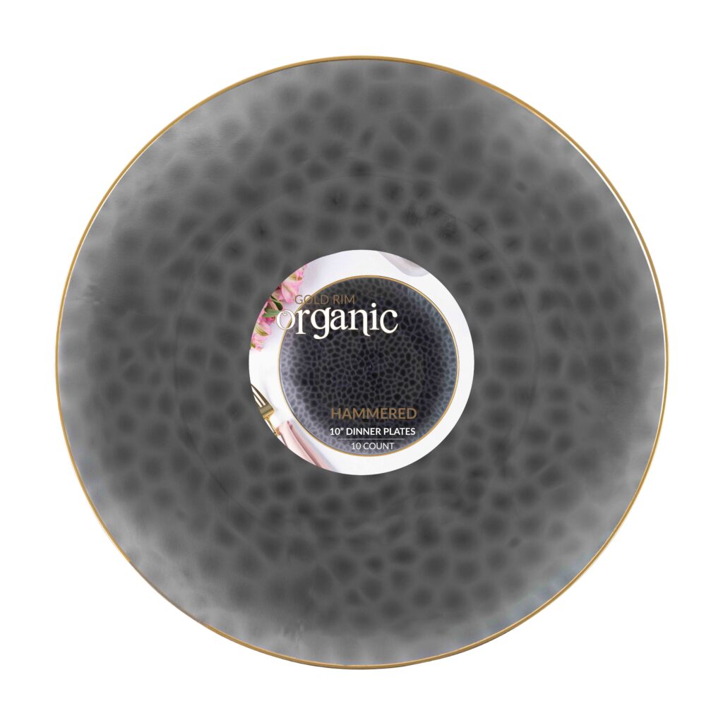 Organic Hammered Black Transparent Gold Rim 10" Plates (10 Count)