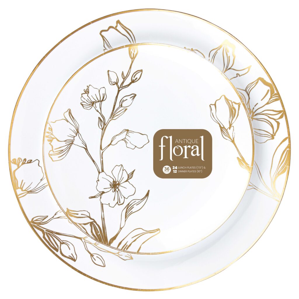 Antique Gold Floral Combo Plates 36 Count (7" - 24 Count & 10" - 12 Count)