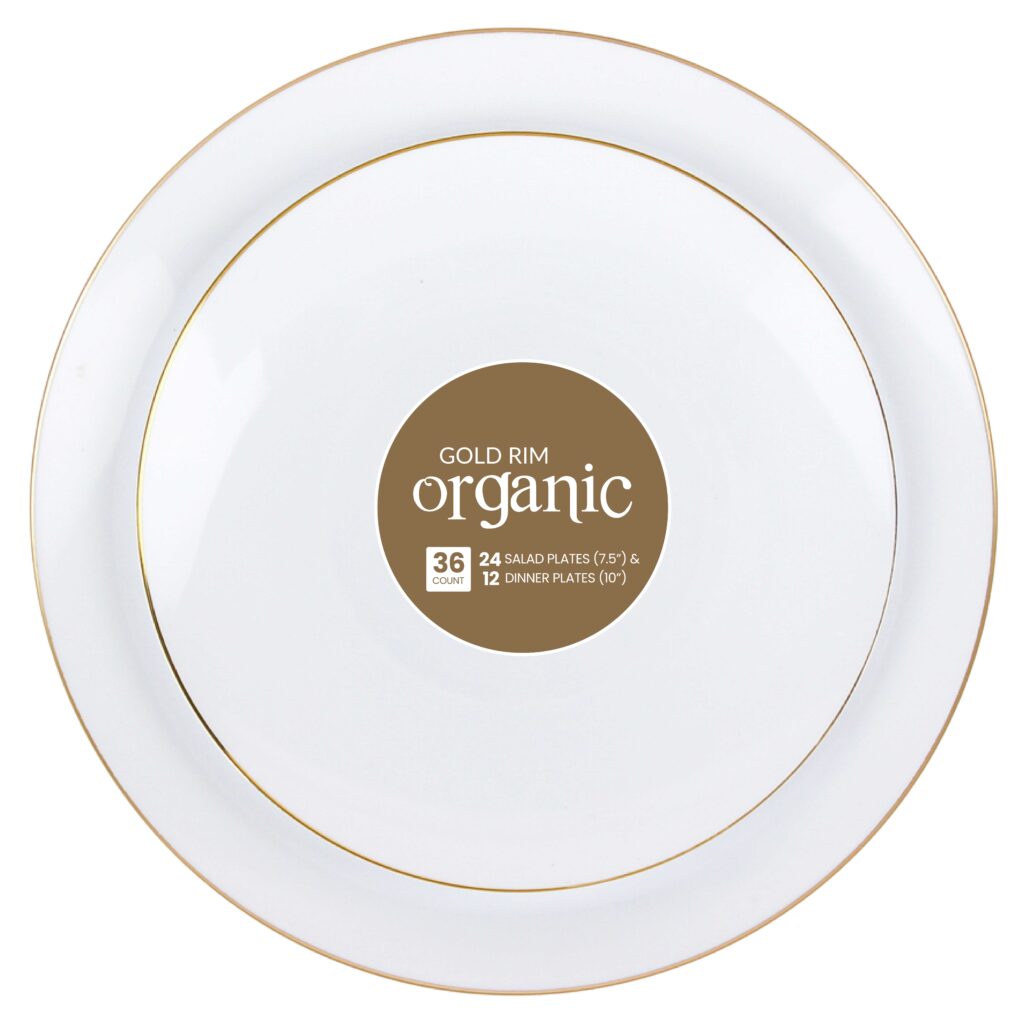 Organic White/Gold Rim Combo Plates 7.5" (24 Count) & 10.25" (12 Count)