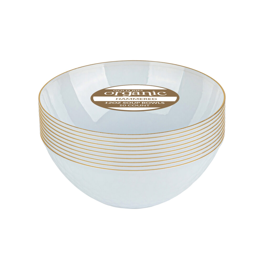 Hammered Bowls 12oz White Transparent/ Gold Rim (10 Count)