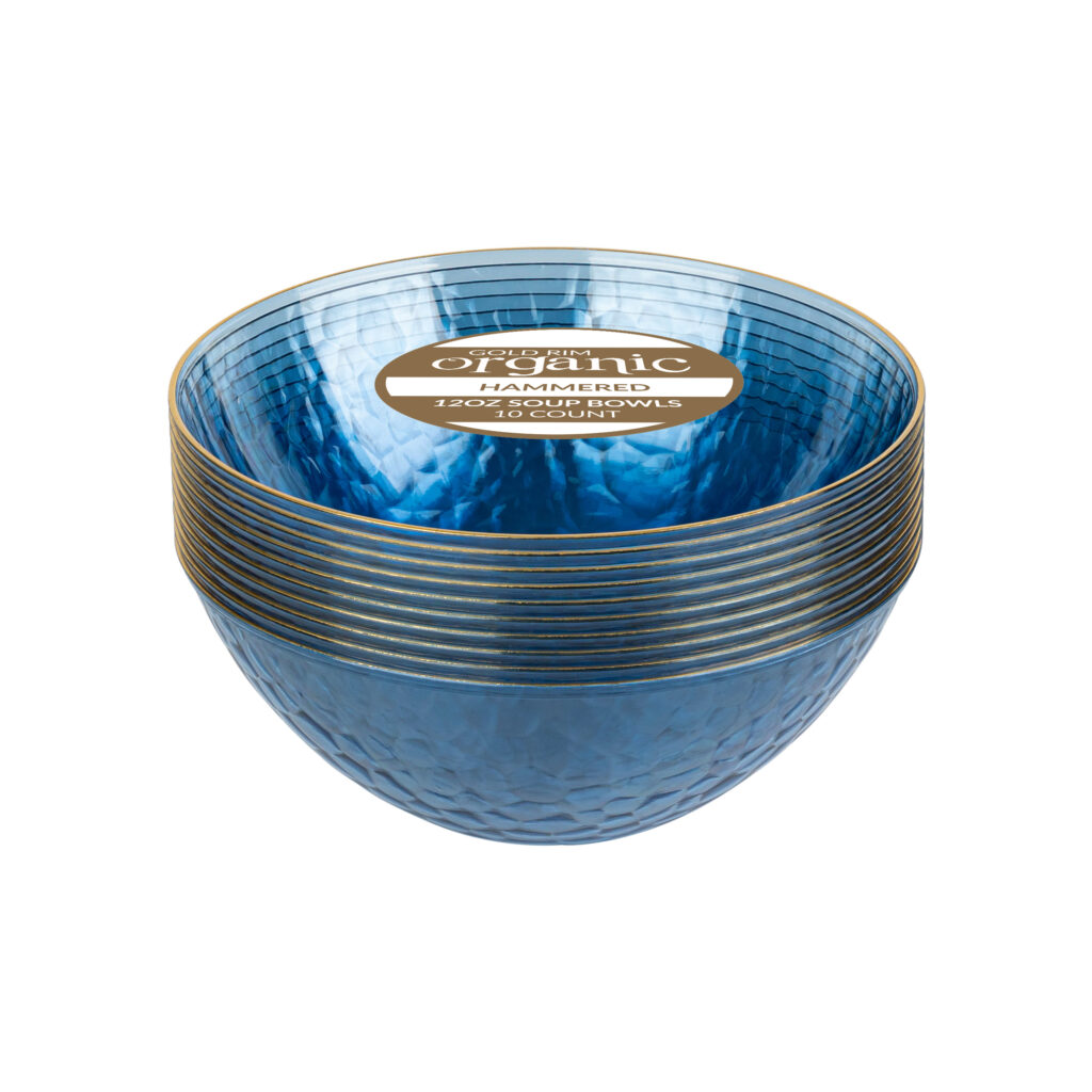 Hammered Bowls 12oz Blue Transparent/ Gold Rim (10 Count)