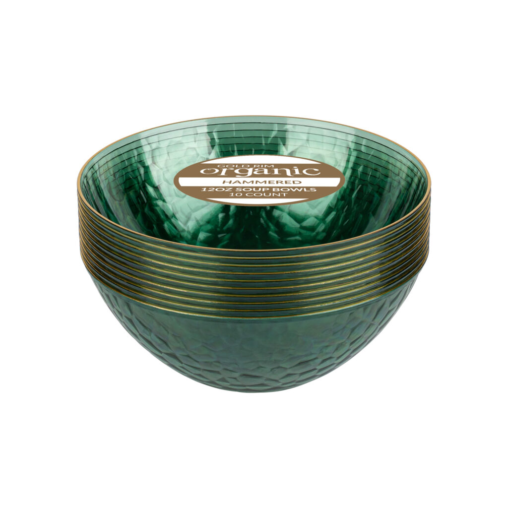 Hammered Bowls 12oz Green Transparent/ Gold Rim (10 Count)