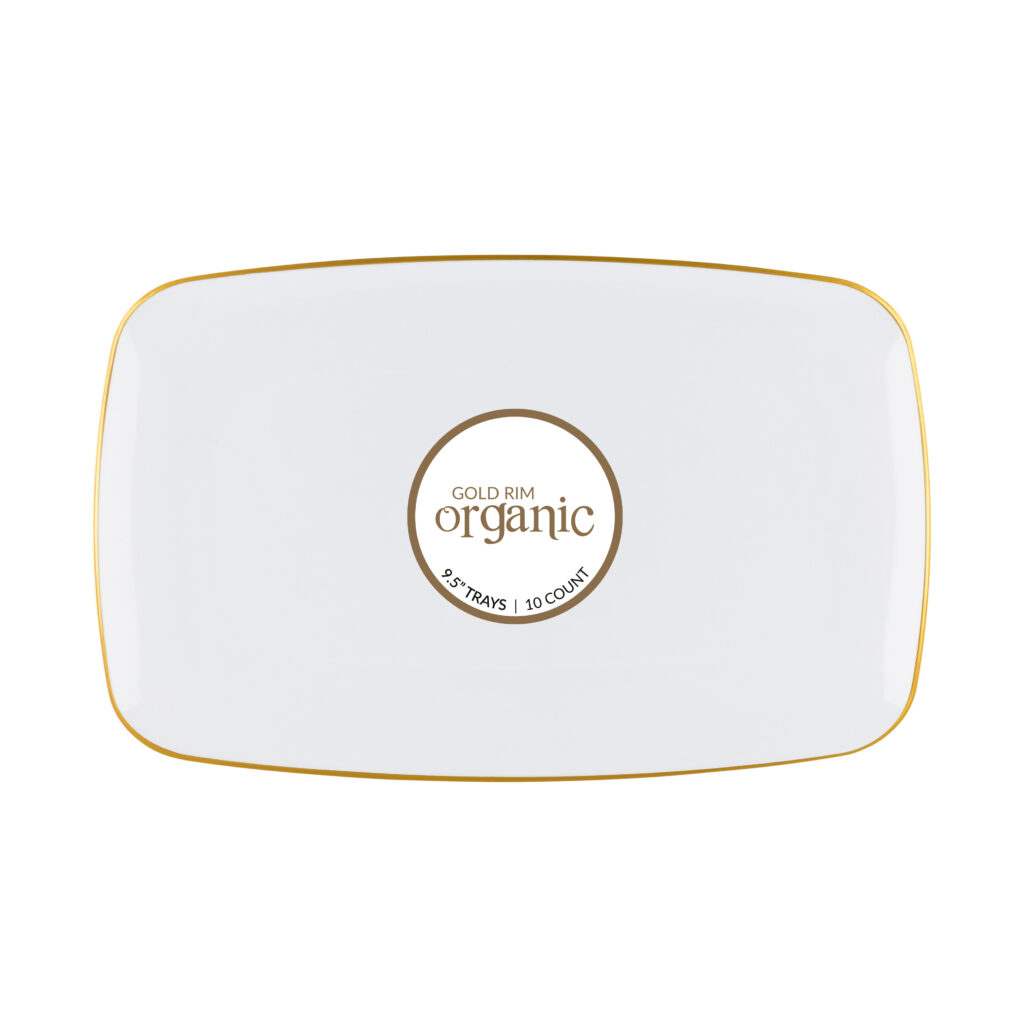 Organic Rectangle Tray White/Gold Rim 9.5" (10 Count)