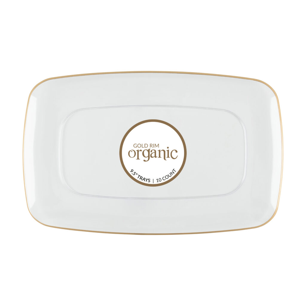 Organic Rectangle Tray Clear/Gold Rim 9.5" (10 Count)