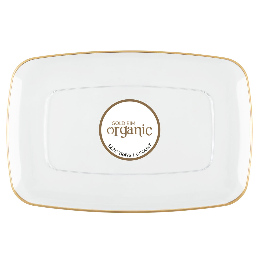 Organic Rectangle Tray Clear/Gold Rim 12.75" (6 Count)