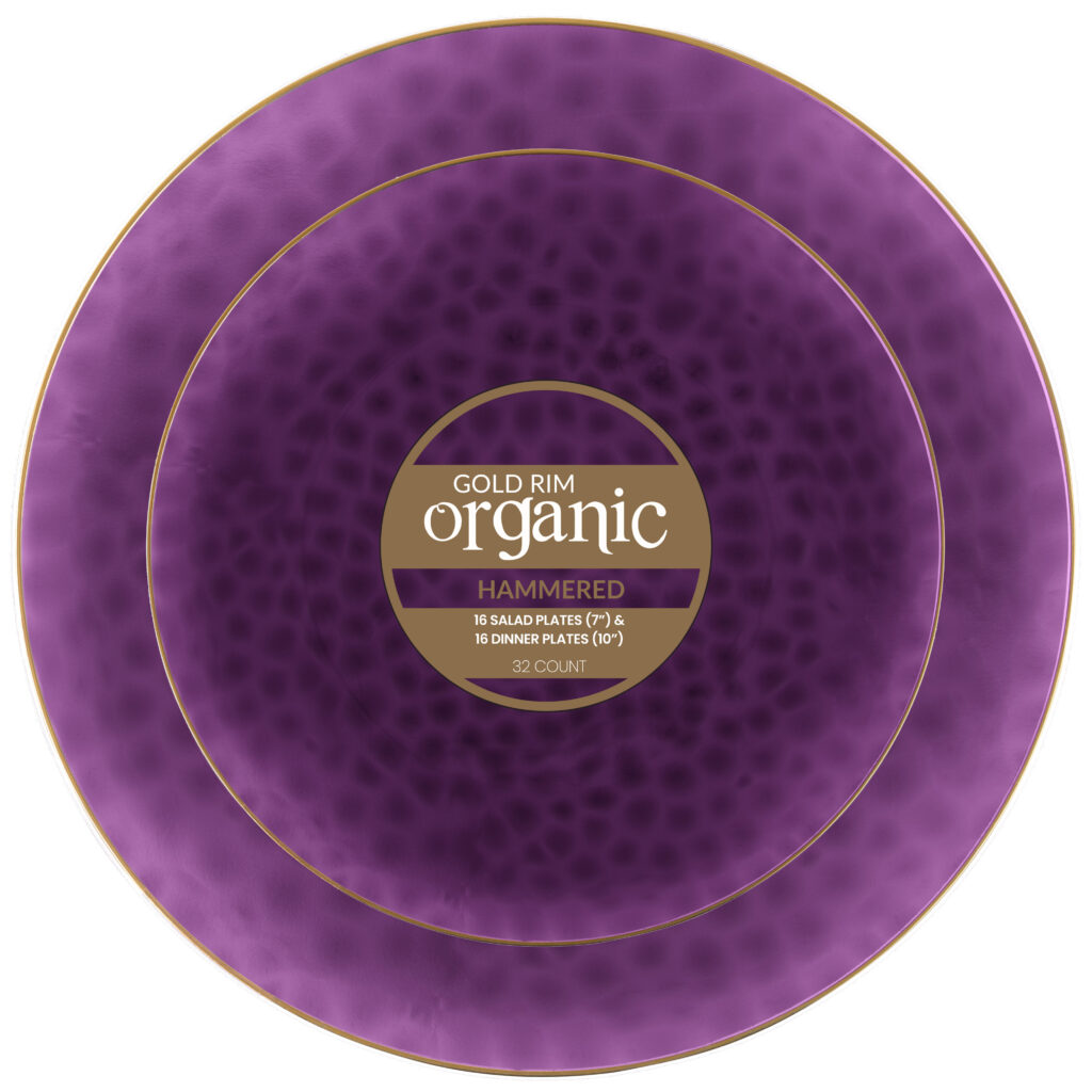 Organic Hammered 7" & 10" Plates Purple Gold Rim (32 Count)