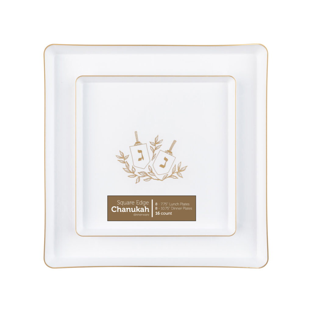 Chanukah Square Edge 7.75" & 10.75" Combo Plates White/Gold (16 Count)