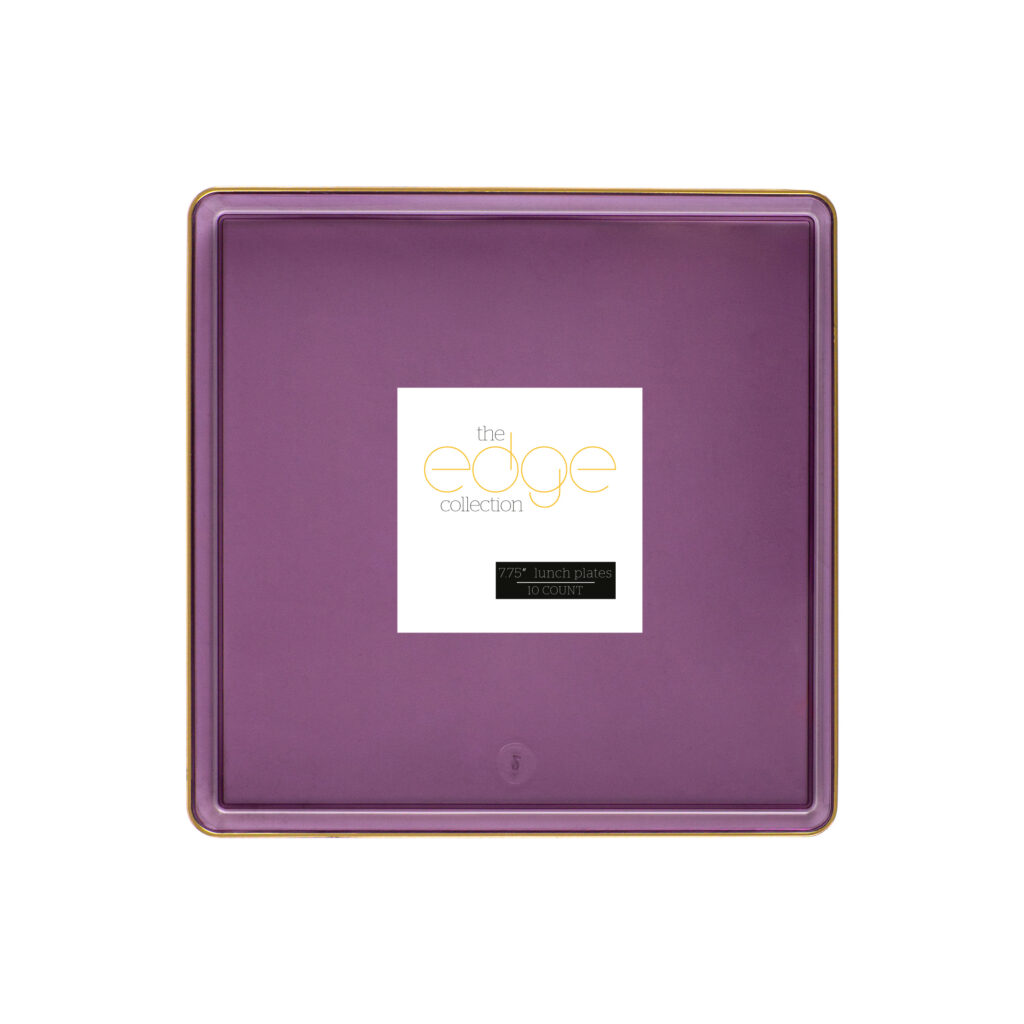 Square Edge 7.75" Plates Purple Transparent/Gold Rim (10 Count)