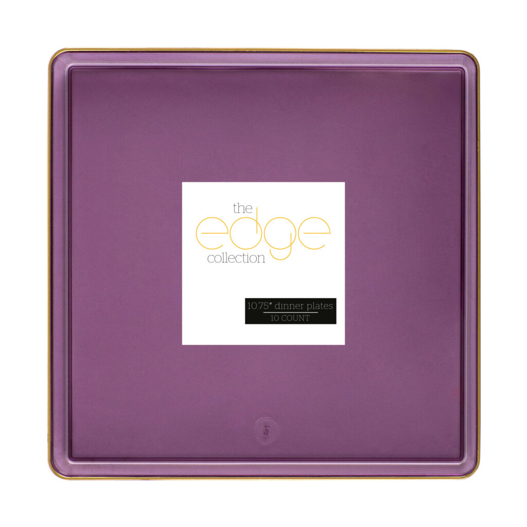 Square Edge 10.75" Plates Purple Transparent/Gold Rim (10 Count)
