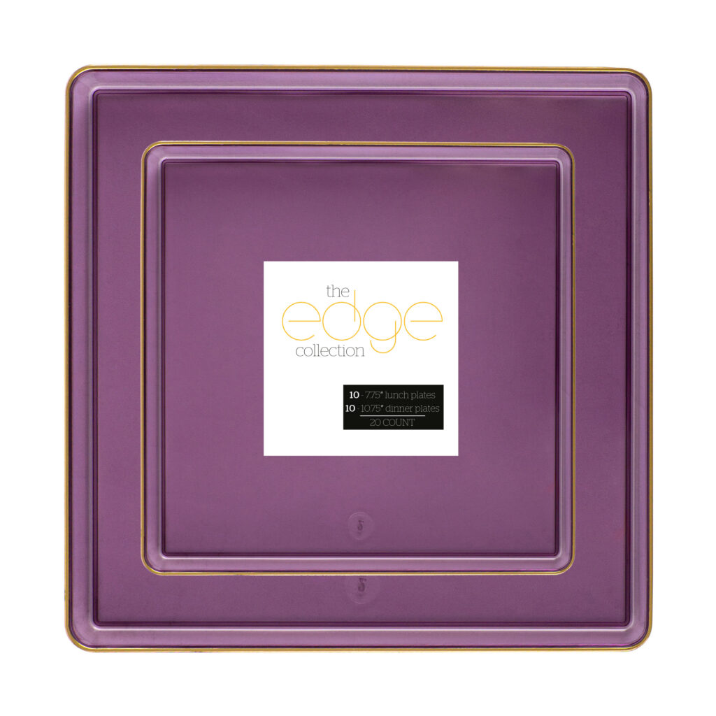 Square Edge Combo Plates Purple Transparent/Gold Rim 7.75" & 10.75" (20 Count)
