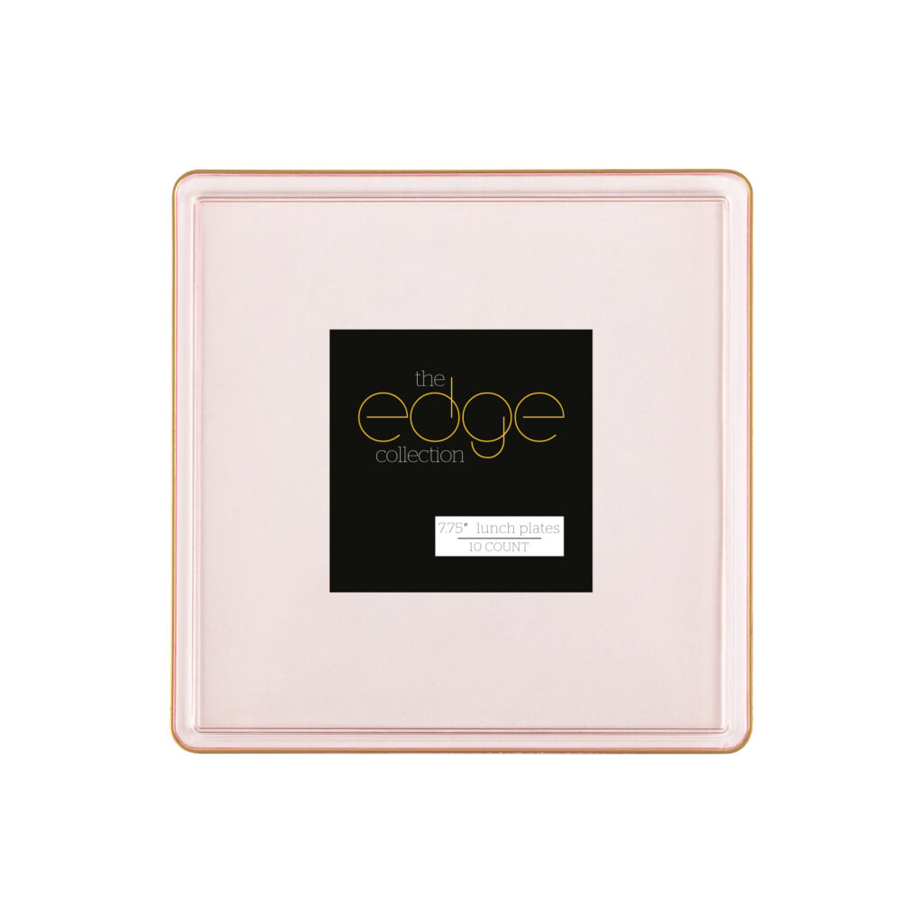 Square Edge 7.75" Plates Pink Transparent/Gold Rim (10 Count)