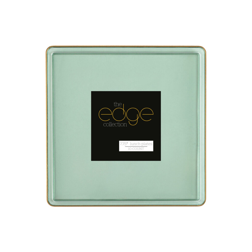 Square Edge 7.75" Plates Green Transparent/Gold Rim (10 Count)