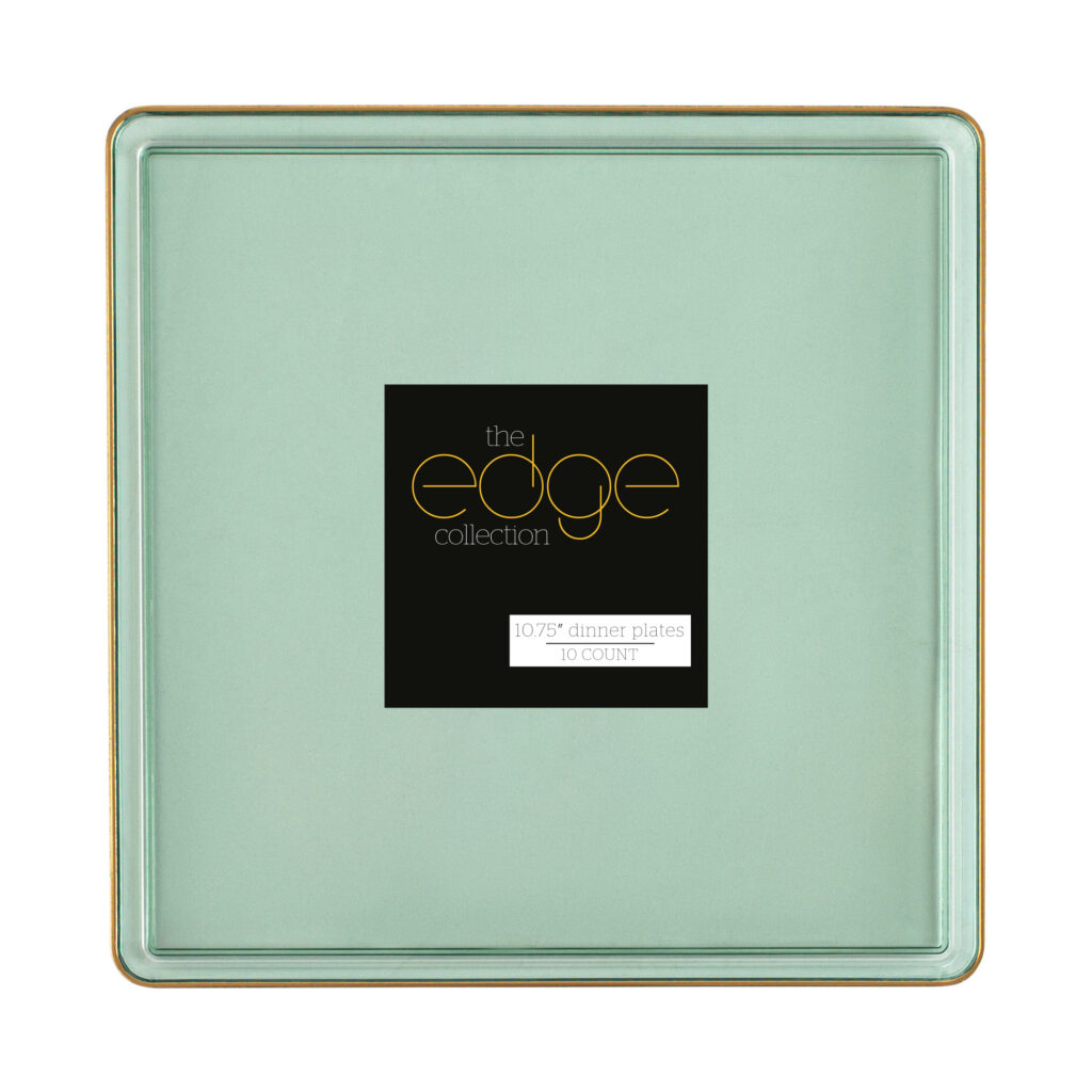 Square Edge 10.75" Plates Green Transparent/Gold Rim (10 Count)