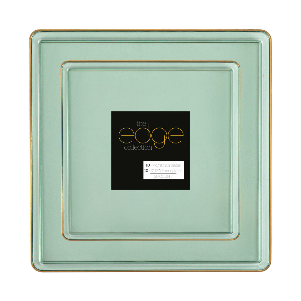 Square Edge Combo Plates Green Transparent/Gold Rim 7.75" & 10.75" (20 Count)