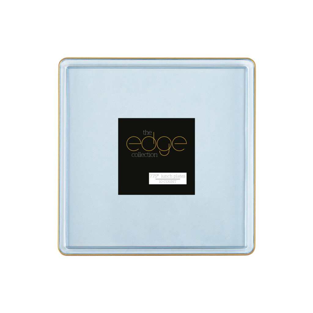 Square Edge 7.75" Plates Blue Transparent/Gold Rim (10 Count)