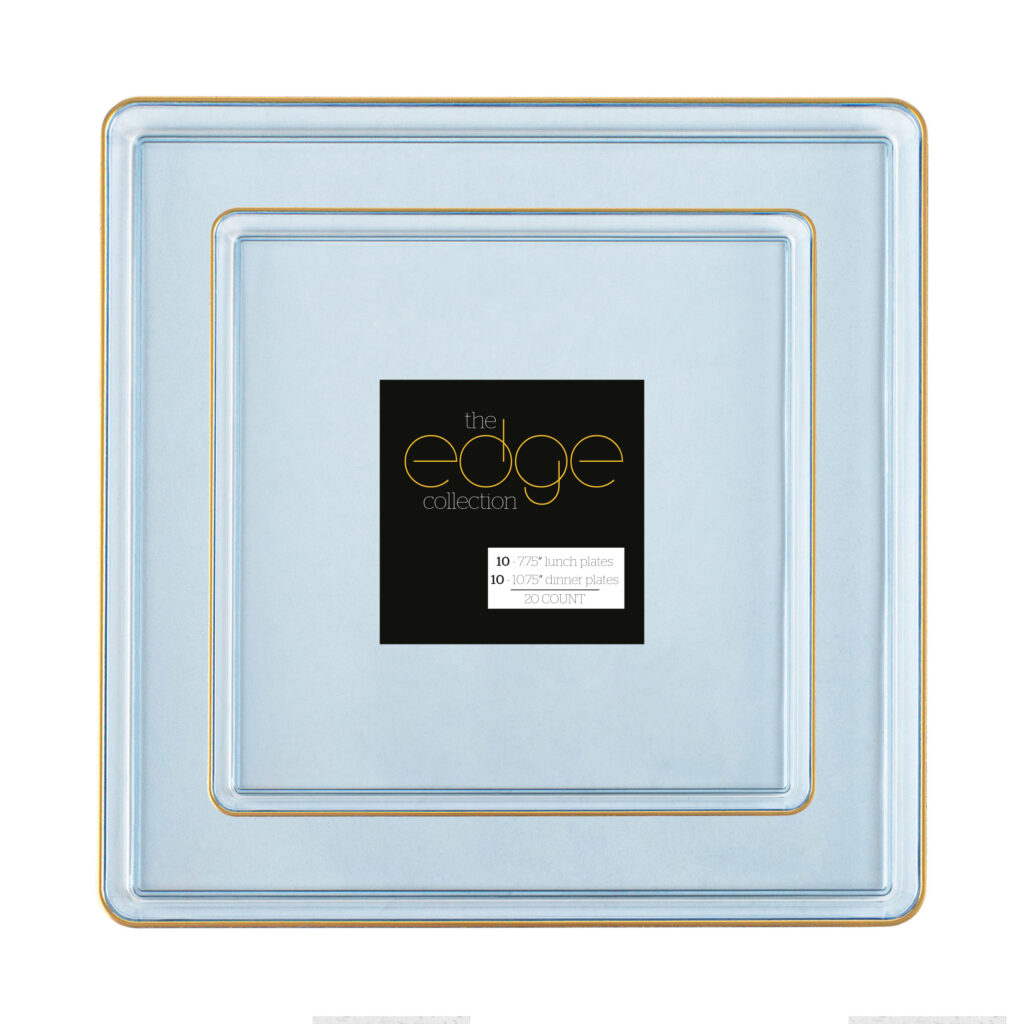 Square Edge Combo Plates Blue Transparent/Gold Rim 7.75" & 10.75" (20 Count)