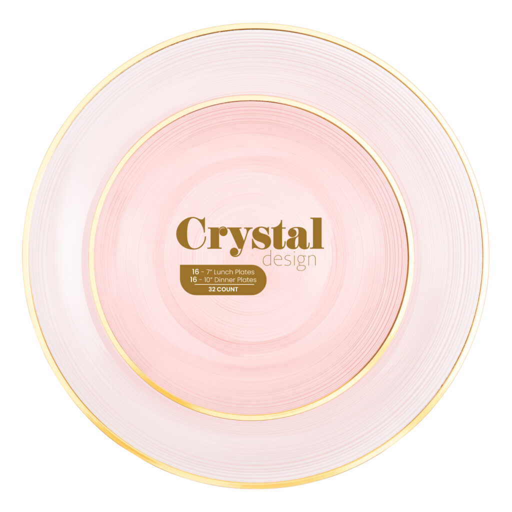 Crystal Design Combo Plates (7" & 10") Pink Transparent with Gold Rim (32 Count)