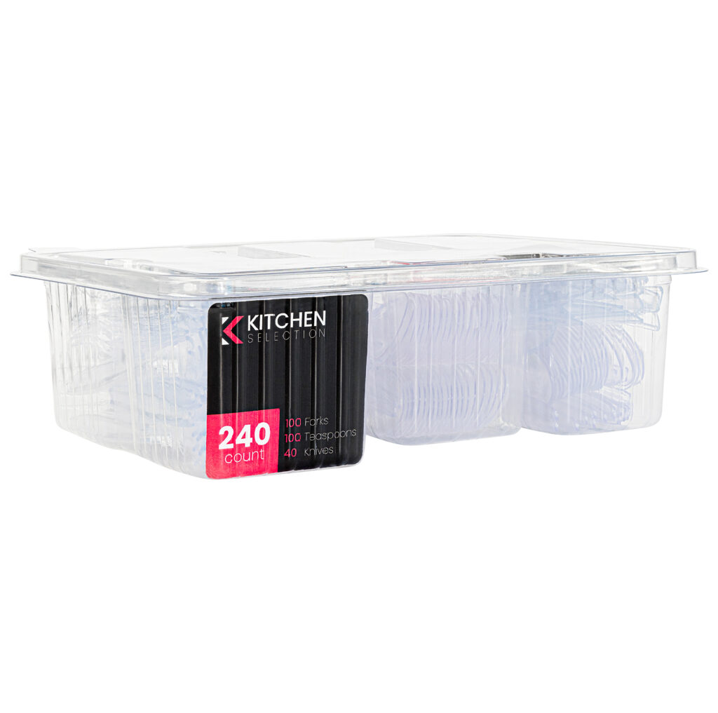 Cutlery Sectional Tray Clear 100 Forks, 100 Teaspoons, & 40 Knives (240 Count)
