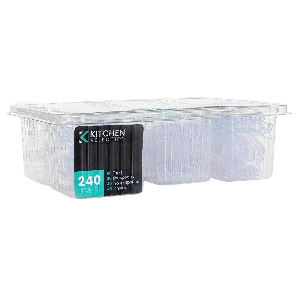 Cutlery Sectional Tray Clear 80 Forks, 80 Teaspoons, 40 Knives, & 40 Soup Spoons (240 Count)