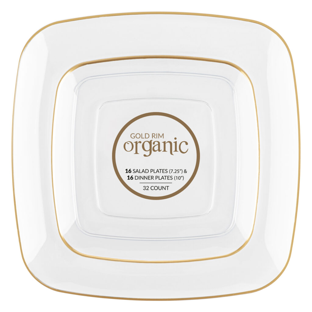 Organic Square Plates Clear/Gold Rim Combo 7.25" & 10" (32 Count)