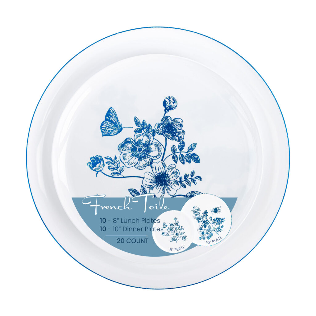 French Toile Combo Plates (8" & 10") Blue/White (20 Count)