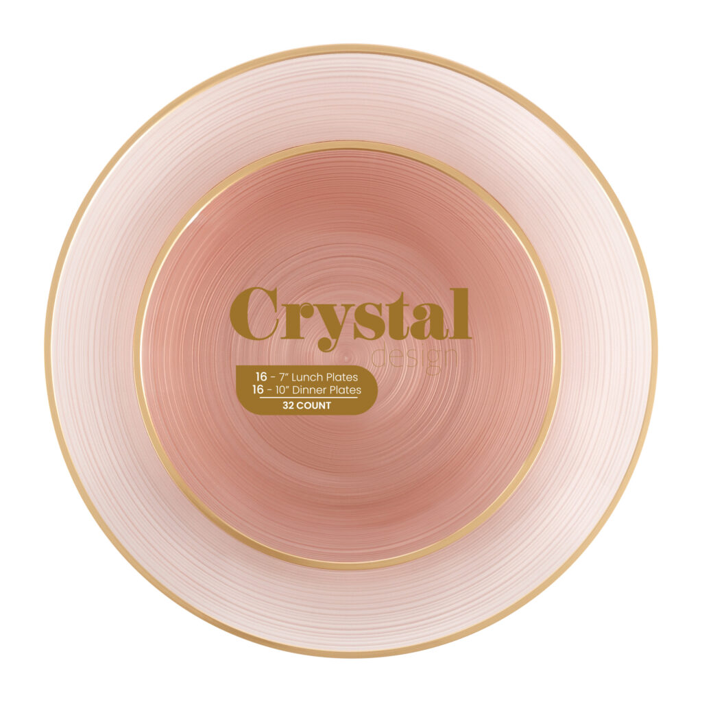 Crystal Design Combo Plates (7" & 10") Rose Transparent with Gold Rim (32 Count)