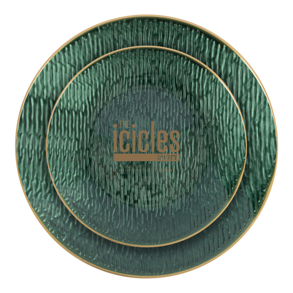 Icicles Plates Green/Gold Rim 7" & 10" Combo Plates (24 Count)