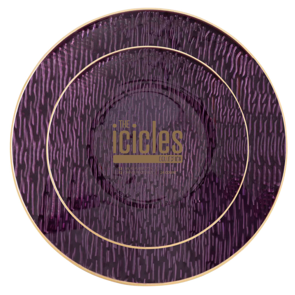 Icicles Plates Purple/Gold Rim 7" & 10" Combo Plates (24 Count)